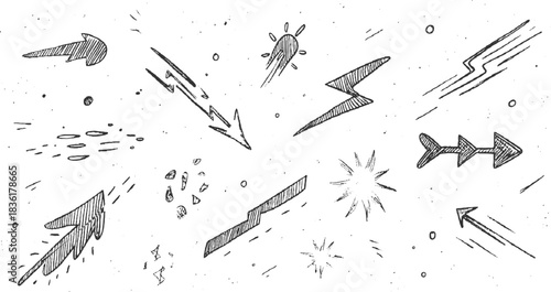Hand drawn black arrows lightning bolts and starbursts on white speckled background direction movement