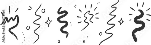 Black hand drawn wavy lines and sparkles on white background abstract celebration