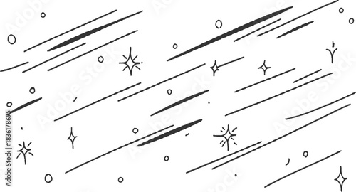 Black and white hand drawn shooting stars and circles pattern abstract background