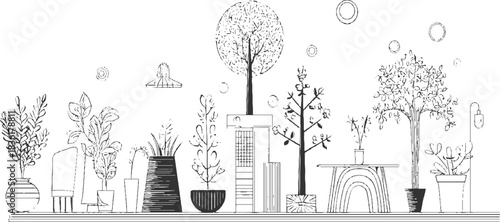 Black and white line drawing of potted plants and furniture on a shelf tree flower