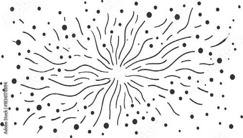 Black ink abstract explosion of dots and wavy lines on white background blob