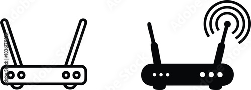Outline and Filled Wi-Fi Router Icons, Wireless Internet Router Graphic Set, Modem with Antennas and Signal Icon, Black and White Network Device Vector.