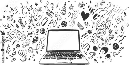 Black and white doodle art surrounding a laptop computer with a blank screen vector