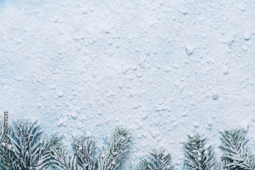 Winter holiday background. Christmas Background with Snow and Frosted Pine Branches,  Copy Space