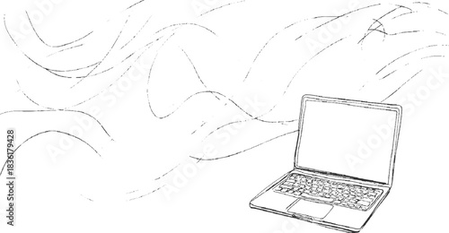 Hand drawn sketch of an open laptop on a white surface with abstract wavy lines in the background computer