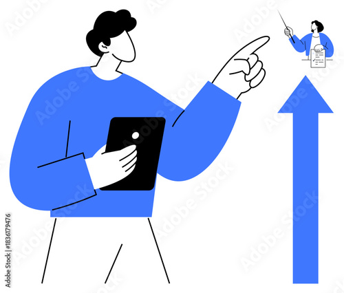 Person holding tablet points to mentor teaching with documents near large upward arrow. Ideal for career growth, planning, guidance, leadership, success, education, teamwork. Clean simple flat