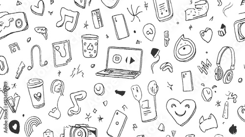 Black and white doodle pattern of everyday objects and symbols drawing