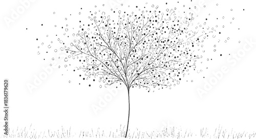 Black and white sketch of a tree with scattered dots and circles on a white background with grass at the bottom