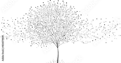 Black and white line drawing of a tree with scattered dots and circles sketch