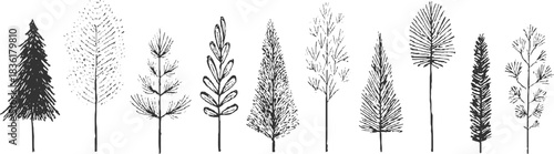 Collection of black ink hand drawn stylized trees and branches on white background plant nature
