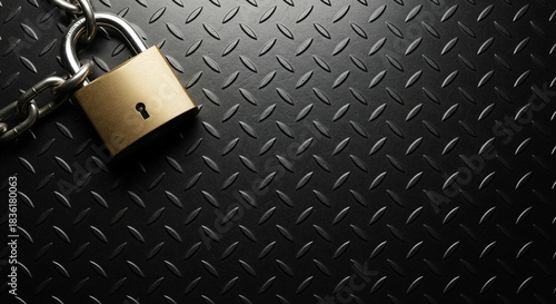 南京錠と鎖と頑丈な鉄板のテクスチャ、強固なセキュリティをイメージするフレーム素材（コピースペース・余白・背景・壁紙）
