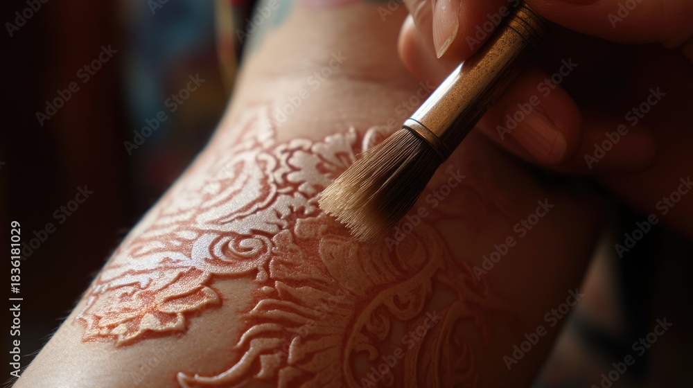 Obraz premium Intricate Application of Henna Design with Brush Techniques on Skin in a Beautiful Setting