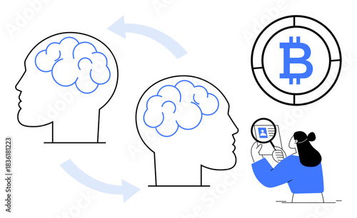 Cryptocurrency concept. Cryptocurrency with Bitcoin icon, cognitive sharing via brains, and analysis character. Cryptocurrency innovation, trading, mining, blockchain, technology communication