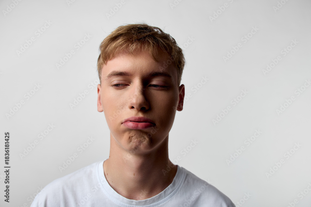 Fototapeta premium Close up of pouty face on a young man against a plain background, wearing a white t shirt, conveying casual mood, emotion and subtle humor in a minimal setting