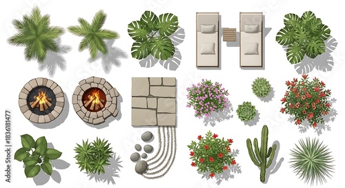 Top down view of outdoor living space elements and plants