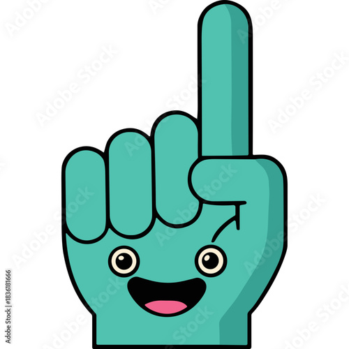 Teal Foam Finger Cartoon Character with Happy Face and Raised Index Finger on Black Background