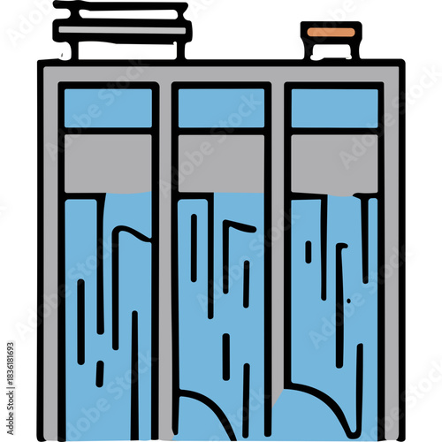 Three Compartment Industrial Water Filtration System with Blue Water Flowing Through Gray and White Exterior Structure Clean Energy Concept