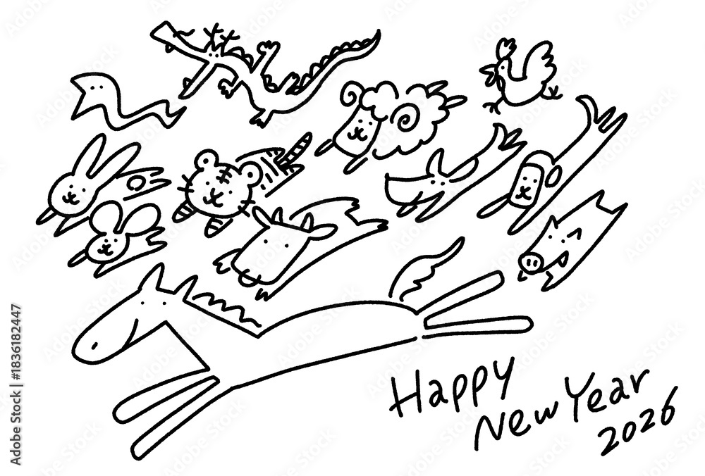 Obraz premium 干支の馬と一緒に走る十二支の動物達 happy new year 2026 モノクロラインアート