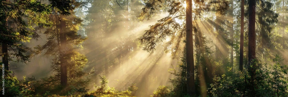 Fototapeta premium Fresh Spring Forest With Sun Rays Cutting Through Branches and Soft Fog Creating a Natural Wide Background for Text