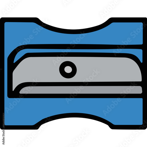 Simple blue manual pencil sharpener with silver metal blade and black outline on a plain black background detailed illustration