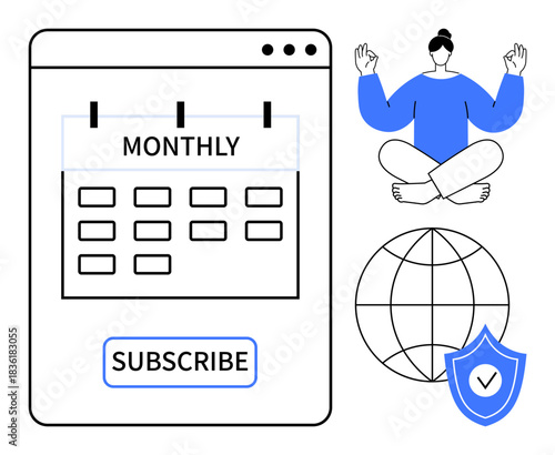 Subscription services, mindfulness, data security, monthly planning, online services, protection. Calendar interface, meditating person security shield icon. Subscription services and mindfulness