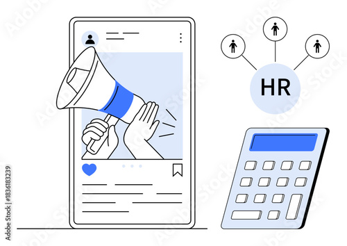 Human resources, digital marketing, social media outreach, communication strategy, employee connection, online recruitment. Megaphone and HR network with calculator. Human resources and digital
