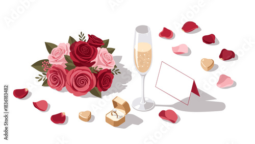 Elegant floral arrangement with champagne and engagement ring for romantic celebrations