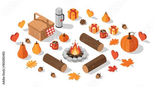 Cozy autumn picnic: isometric design of seasonal elements and warm treats
