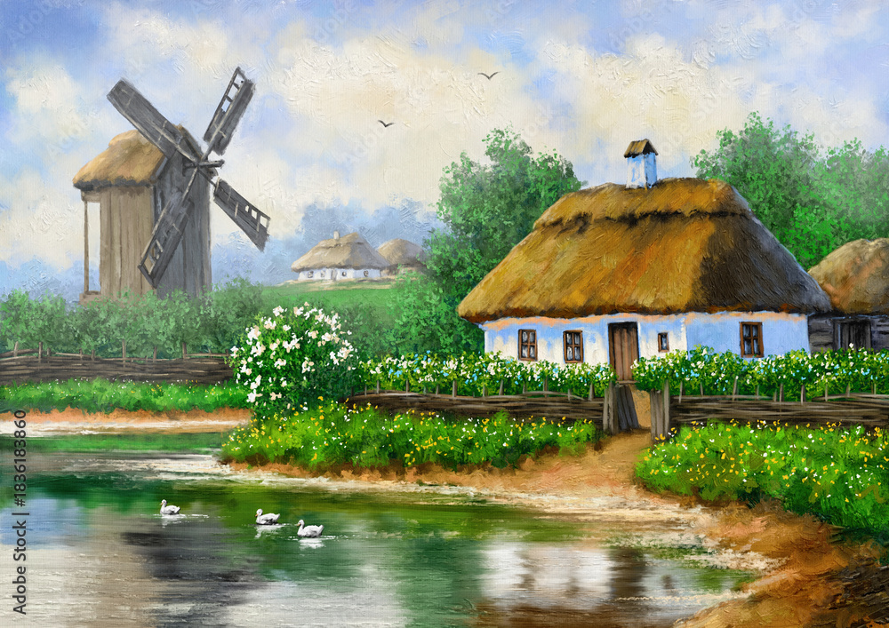 Φωτογραφία Traditional Ukrainian Rural Summer Landscape with a Thatched-Roof Hut, an Old Wooden Windmill, and Ducks Swimming on a Peaceful Pond