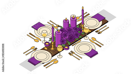 Elegant isometric dining table setup with purple accents and candles