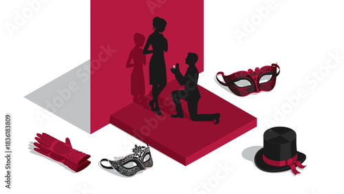 Isometric marriage proposal with masks and accessories