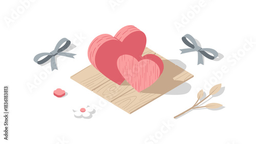Isometric wooden hearts with bows and floral accents in romantic style