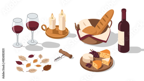 Cozy autumn gathering with wine, cheese, and baguette in isometric style