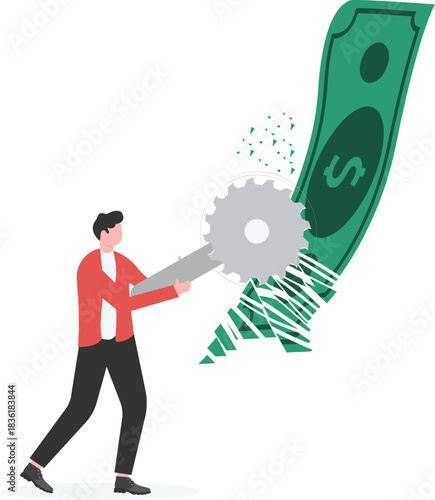 Businessmen take scissors to falling bills, cut budgets or expenses

