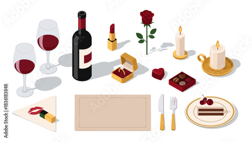 Romantic dinner scene with wine, rose, candle, and ring in isometric style