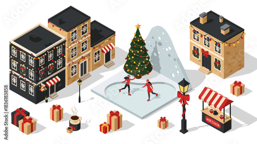 Festive winter scene with ice skaters and holiday decorations
