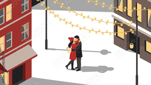 Romantic urban winter scene with couple embracing under festive lights