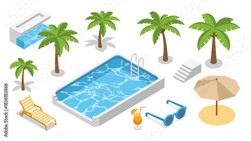 Isometric tropical pool scene with palm trees and summer accessories