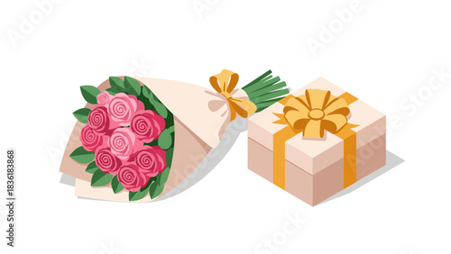 Elegant floral bouquet and gift box with golden ribbon on white background