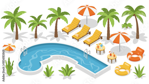 Isometric tropical resort scene with pool, palm trees, and sun loungers