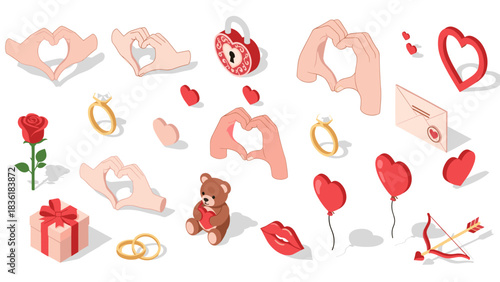 Love and romance symbols isometric hands hearts and gifts collection