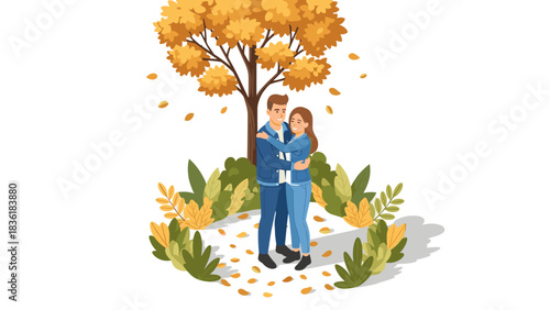 Autumn romance: couple embracing under tree with falling leaves