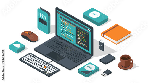 Isometric desktop workspace with laptop, programming code, and office accessories