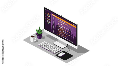 Modern isometric workspace with computer and coding screen