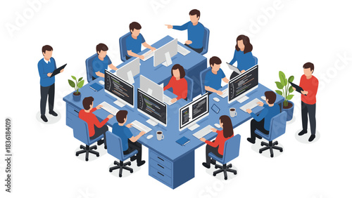 Modern isometric office workspace with diverse team collaborating on computers