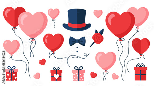 Festive valentine's day elements with heart balloons and gifts
