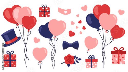 Heart balloons and gift boxes with red and blue elements for love and celebration themes