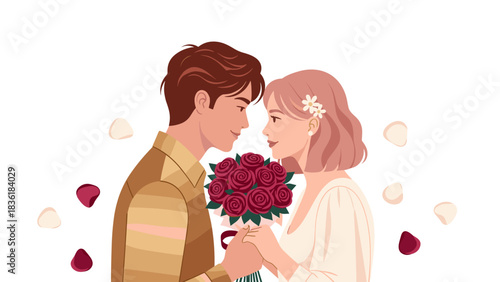 Romantic couple embracing with roses and petals