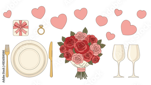 Romantic dinner elements with roses, hearts, and gifts in flat design