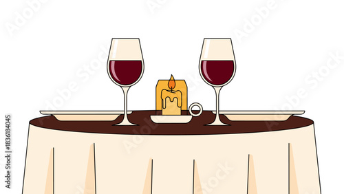 Elegant candlelit dinner setting with wine glasses on round table